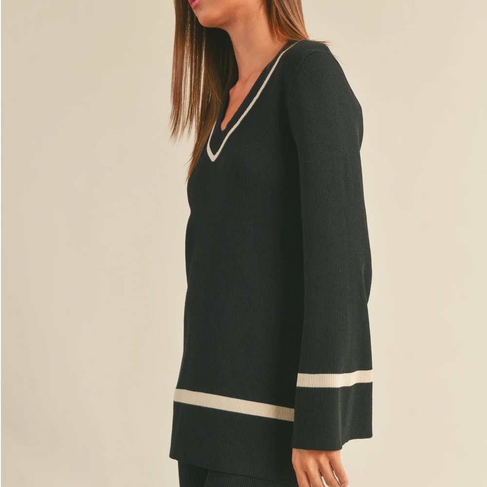 Black V-Neck Sweater with Cream Contrast Trim